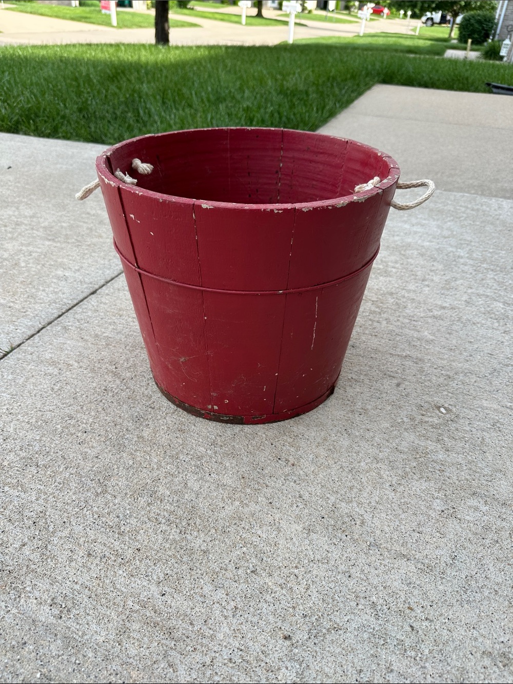 Rustic Red Wooden Bucket with Rope Handles